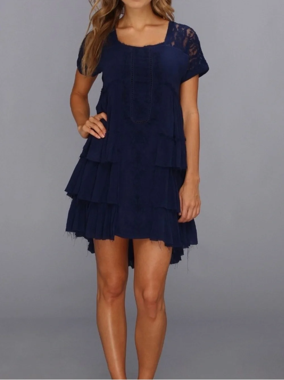 Free People Navy Tiered Short Sleeve Mini Dress